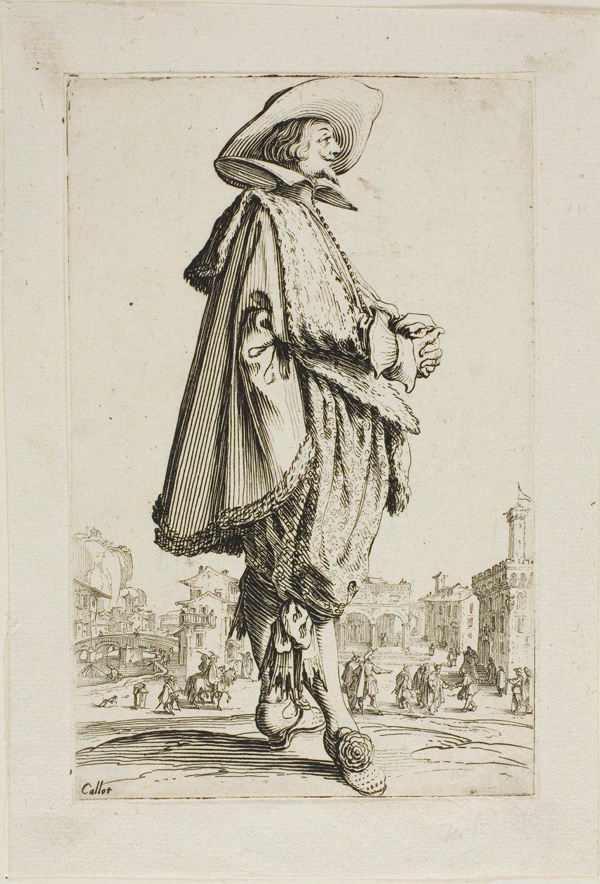 Az úr összekulcsolt kézzel, tizenegyes tányér a La Noblesse-ból alkotó: Jacques Callot