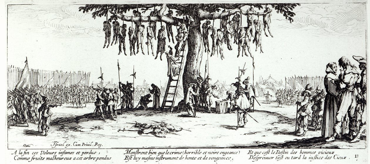A függő, 11. tábla „A háború nyomorúságai és szerencsétlenségei”-ből, metszett: Israel Henriet (kb. 1590-1661) 1633 alkotó: Jacques Callot