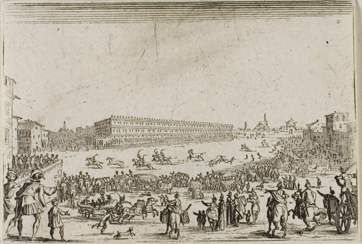A lóverseny a Pitti-palotában, Firenzében, a Capricesből alkotó: Jacques Callot
