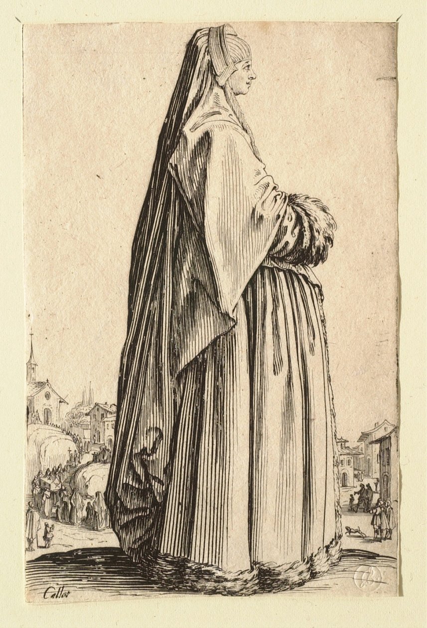 Hölgy nagy fátyollal és prémmel szegélyezett ruhában alkotó: Jacques Callot