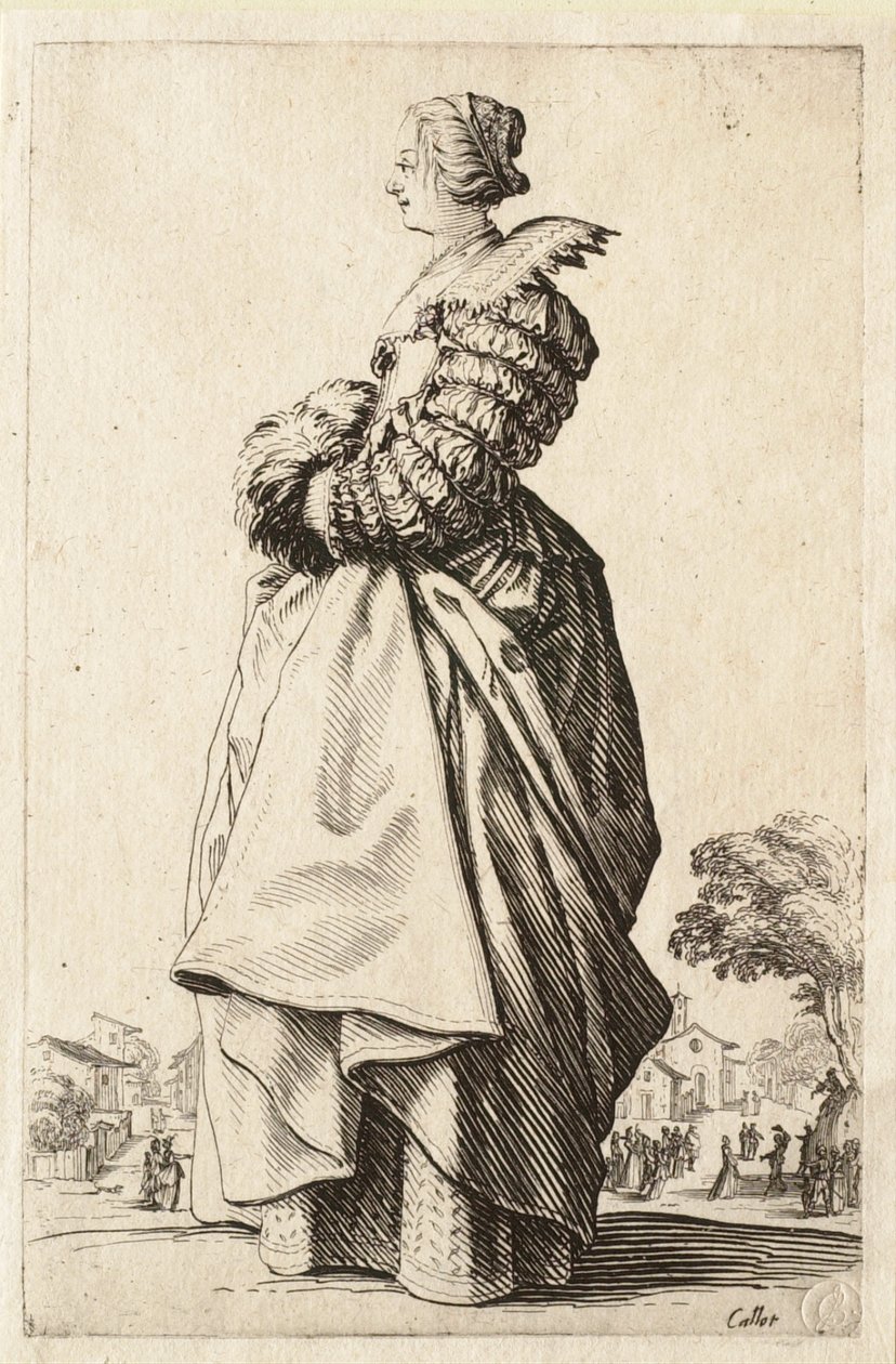 Profilból ábrázolt hölgy, kezével a muffban alkotó: Jacques Callot