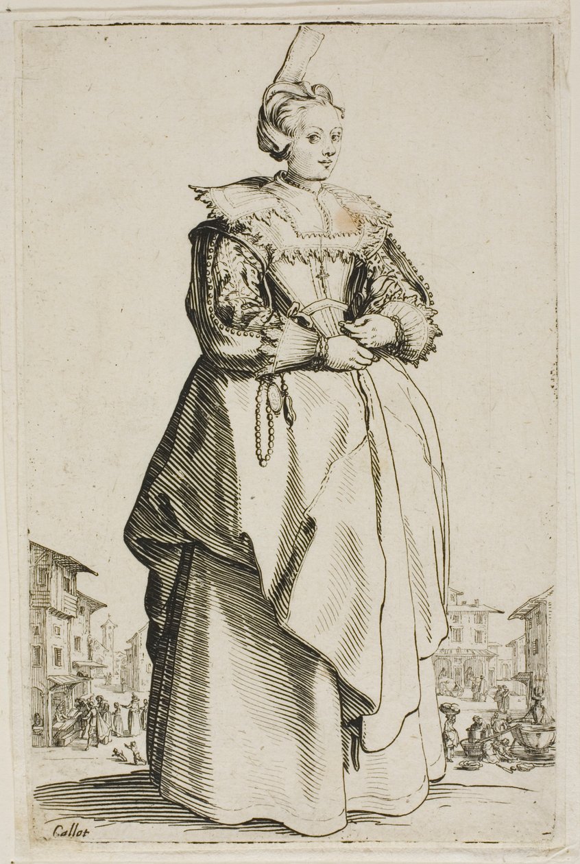 A hölgy a kis emelt sapkával, az első tányér a La Noblesse-ről alkotó: Jacques Callot