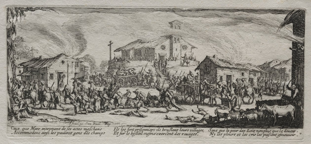 A háború nagy nyomorúságai: Egy falu kifosztása és felgyújtása, 1633. alkotó: Jacques Callot
