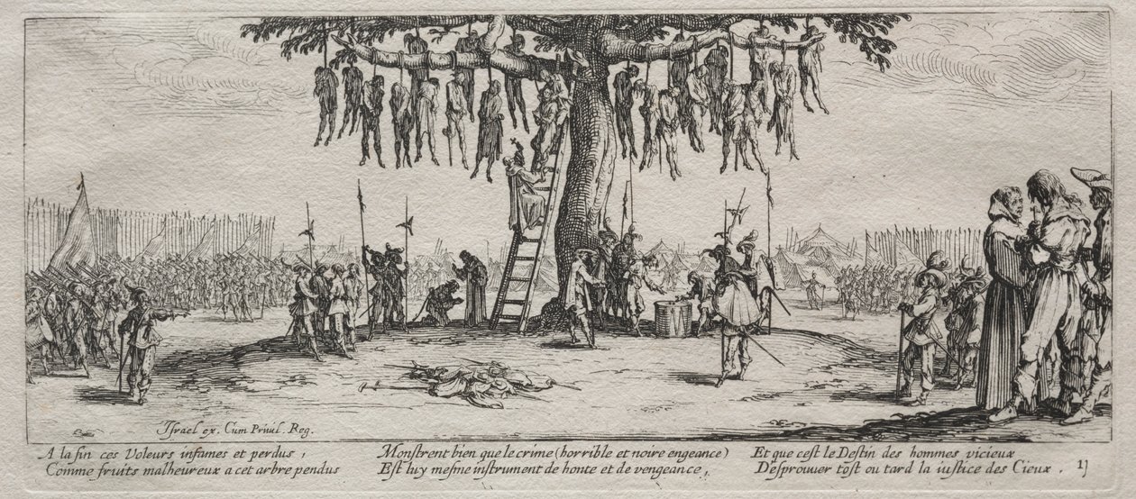 A háború nagy nyomorúságai: Az akasztás, 1633. alkotó: Jacques Callot