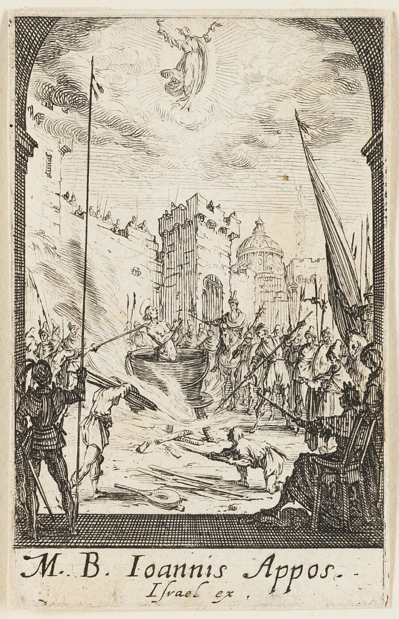 Szent János evangélista mártíromsága, ötödik tábla az Apostolok mártíromsága című kötetből. alkotó: Jacques Callot