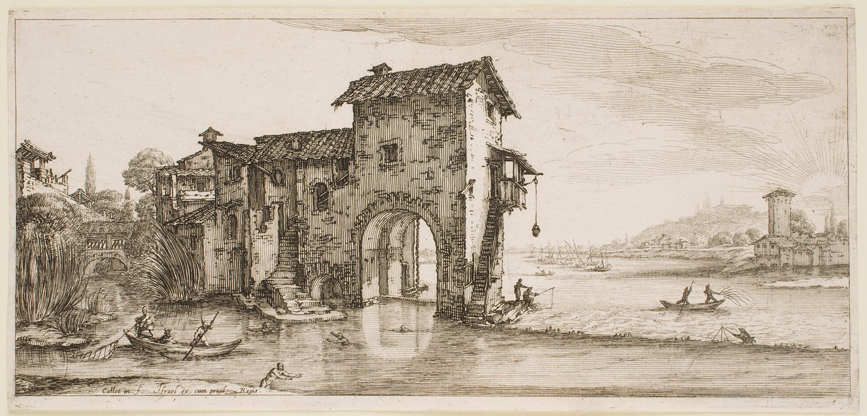 A folyóparti malom, a „Firenze tájai” című sorozatból alkotó: Jacques Callot