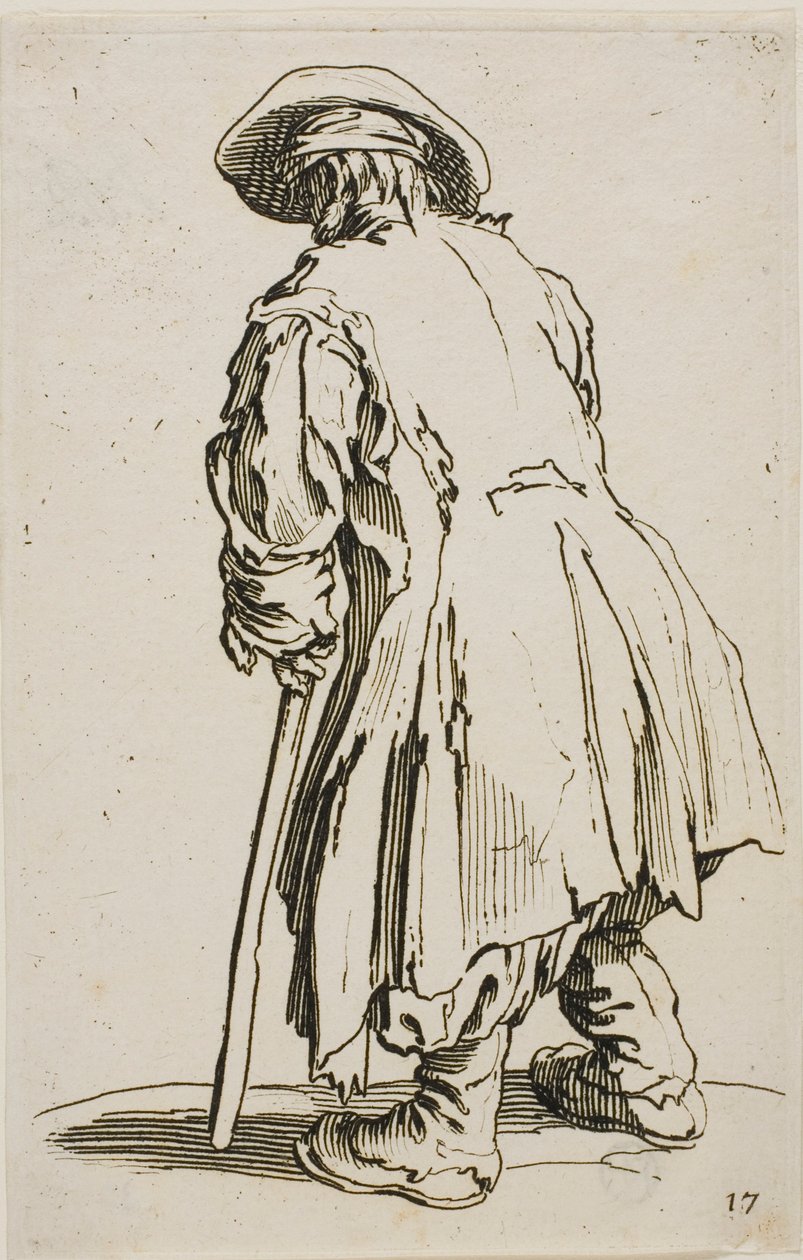 Az öreg koldus a mankójára támaszkodva, tizenhetedik tányér a Koldusoktól alkotó: Jacques Callot
