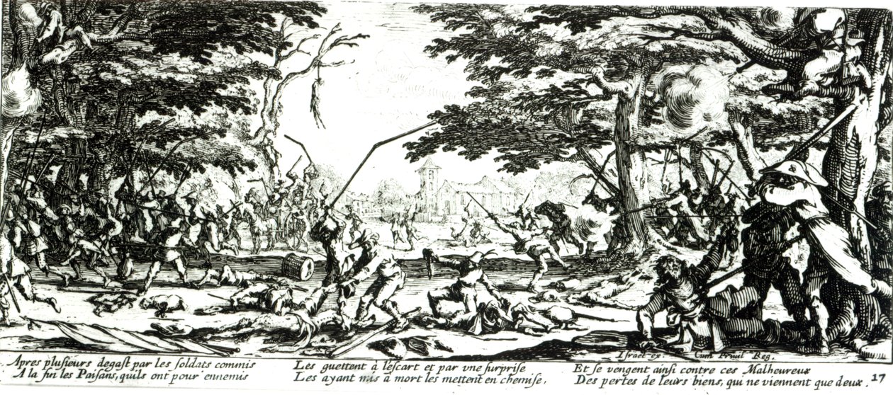 A parasztok bosszúja, „A háború nyomorúságai és szerencsétlenségei” 17. táblája, metszet: Israel Henriet (1590-1661 körül) 1633 alkotó: Jacques Callot