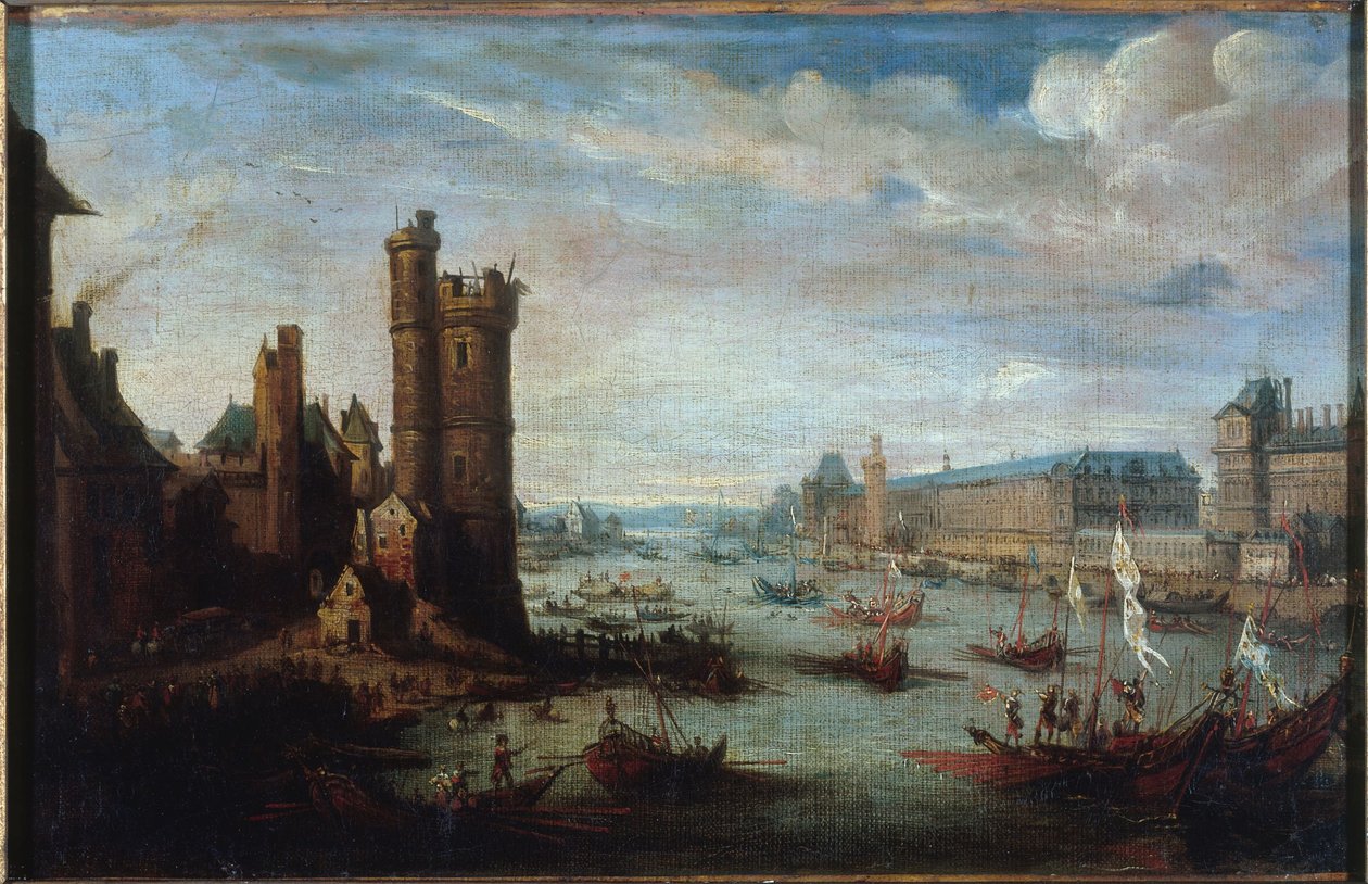 A Tour de Nesle, a Grande Galerie és a Louvre, a Pont-Neuf felől nézve, 1630 körül, 1625 és 1635 között (olaj, vászon) alkotó: Jacques Callot
