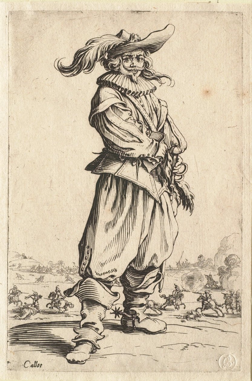 A harcos nagy tollal díszített kalapban alkotó: Jacques Callot