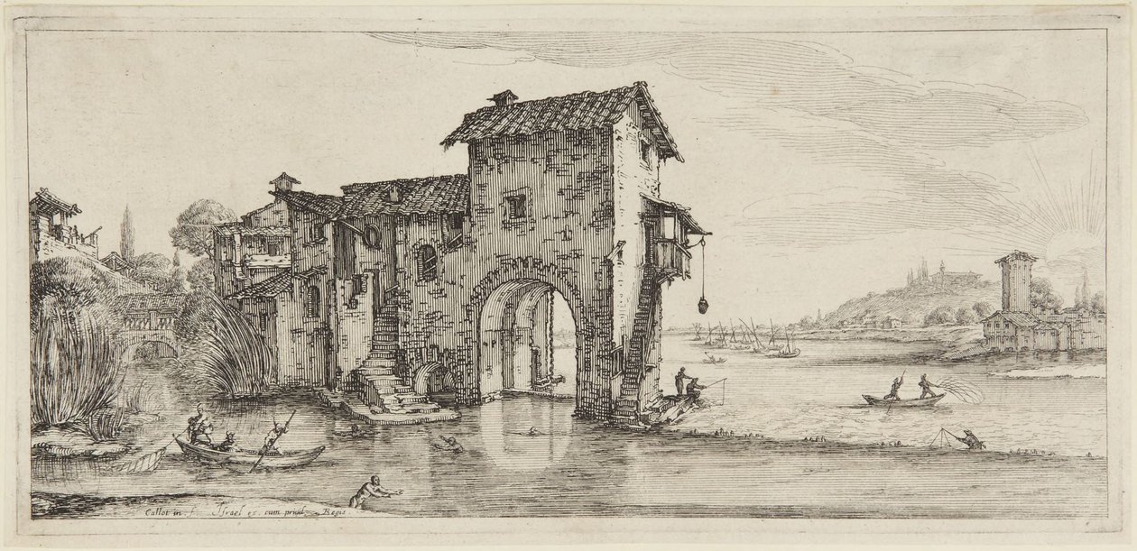 A vízimalom, a Diverse Vedute Designate in Fiorenza (Firenzében tervezett különféle tájképek) sorozatból alkotó: Jacques Callot