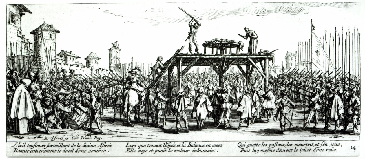 A kerék, 14. tábla a "A háború nyomorúságai és szerencsétlenségei"-ből, metszett: Israel Henriet (kb. 1590-1661) 1633 alkotó: Jacques Callot