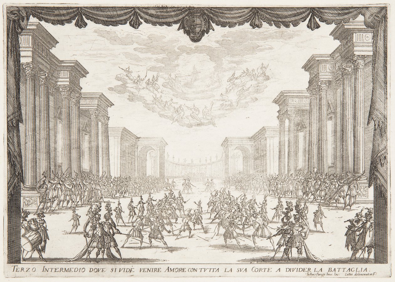 Harmadik Intermezzo, A csatát megállítja Szerelem érkezése Cortege-jával alkotó: Jacques Callot