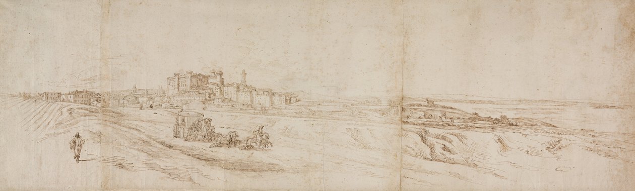 Kilátás a Castello Bracciano-ra, Róma közelében, kocsival és figurákkal alkotó: Jacques Callot