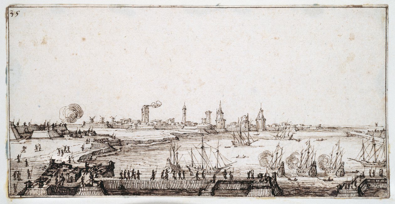 Kilátás La Rochelle kikötőjére, tisztelgő galleonokkal (toll és barna tinta papíron) alkotó: Jacques Callot