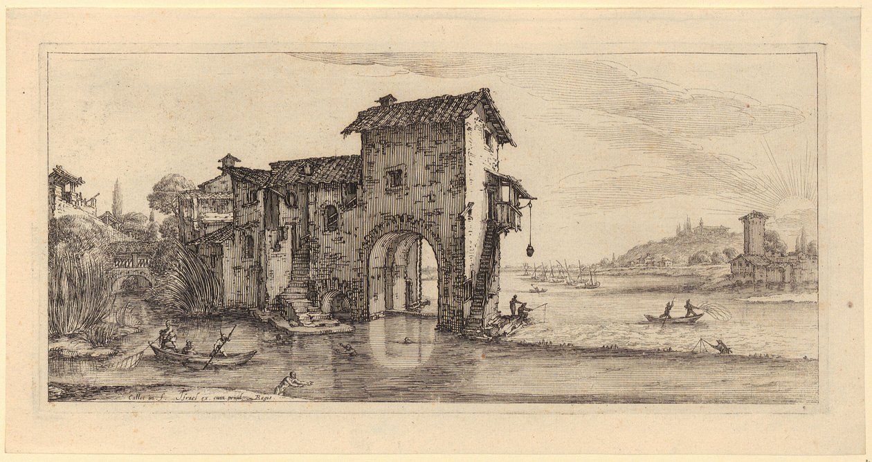 Vízimalom, a „Tájképek Giovanni de’ Medici számára” sorozat 7. lapja alkotó: Jacques Callot