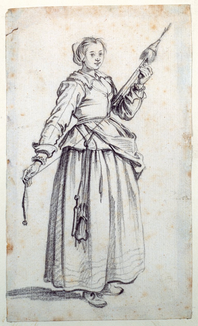 Nő orsóval (fekete kréta papíron) alkotó: Jacques Callot