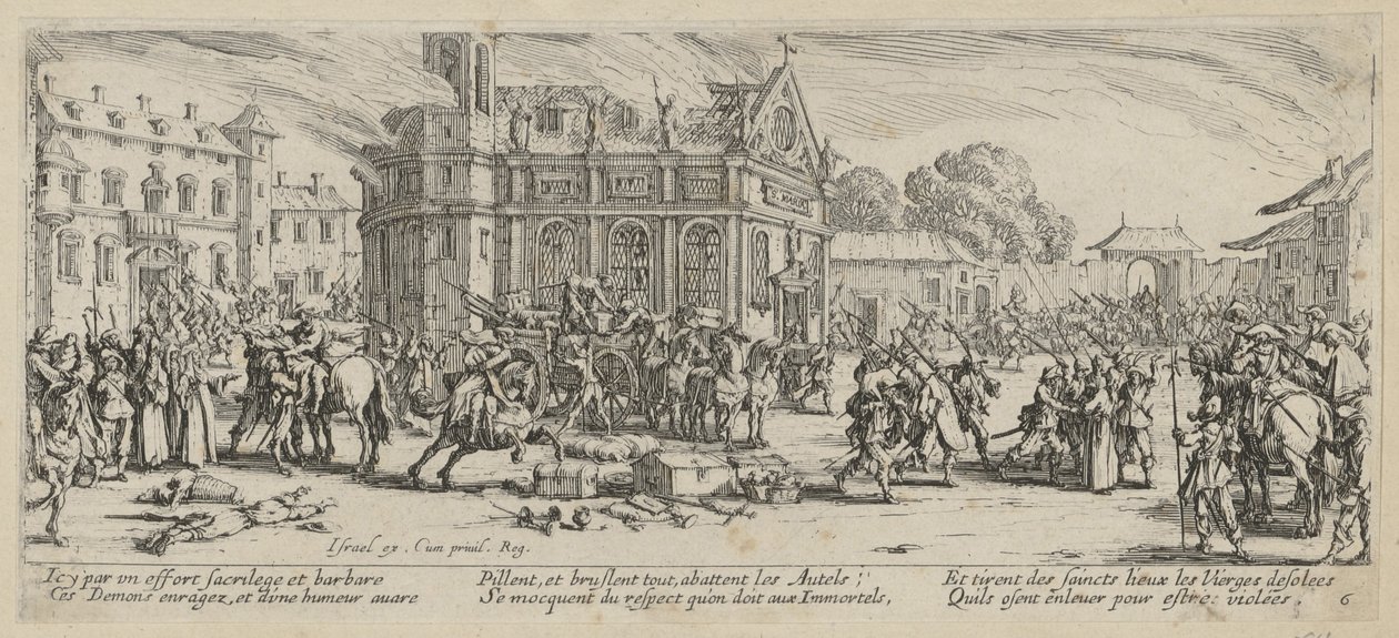 Egy kolostor lerombolása, a „A háború borzalmai” sorozat 6. lapja alkotó: Jacques Callot