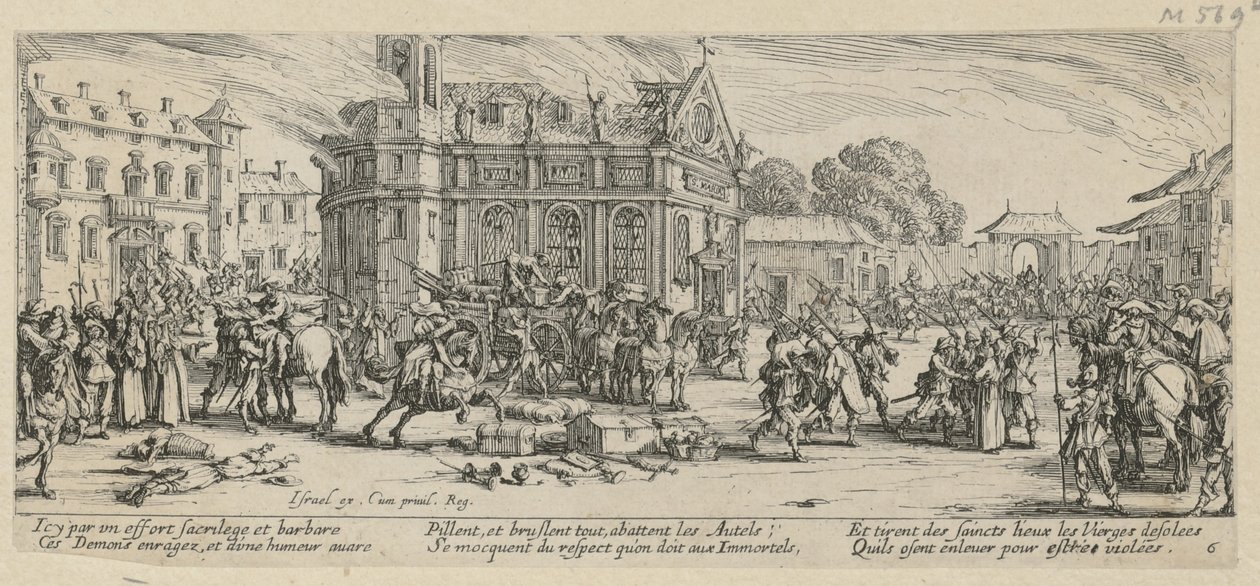 Egy kolostor lerombolása, a „Háború borzalmai” sorozat 6. lapja alkotó: Jacques Callot
