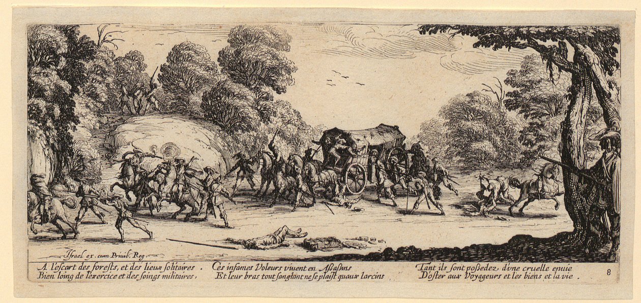 Támadás egy postakocsi ellen, a „A háború szörnyűségei” című sorozat 8. része alkotó: Jacques Callot