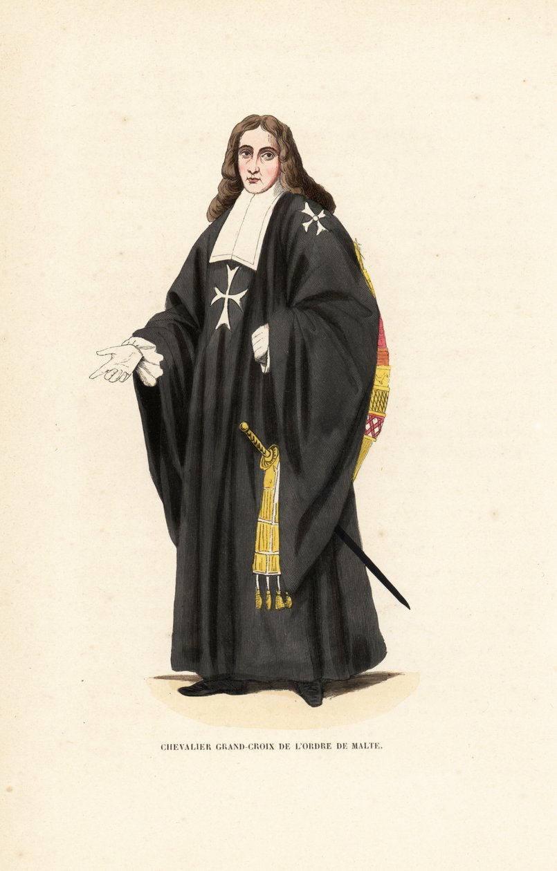Hospitaller Lovagrend Nagykeresztje, Máltai Lovagrend, Jeruzsálemi Szent János Kórház Lovagrendje, Chevalier Grand-Croix de l’Ordre de Malte. Kézi színű fatömb-metszet Jacques Charles Bar illusztrációja után, Abbot Tiron