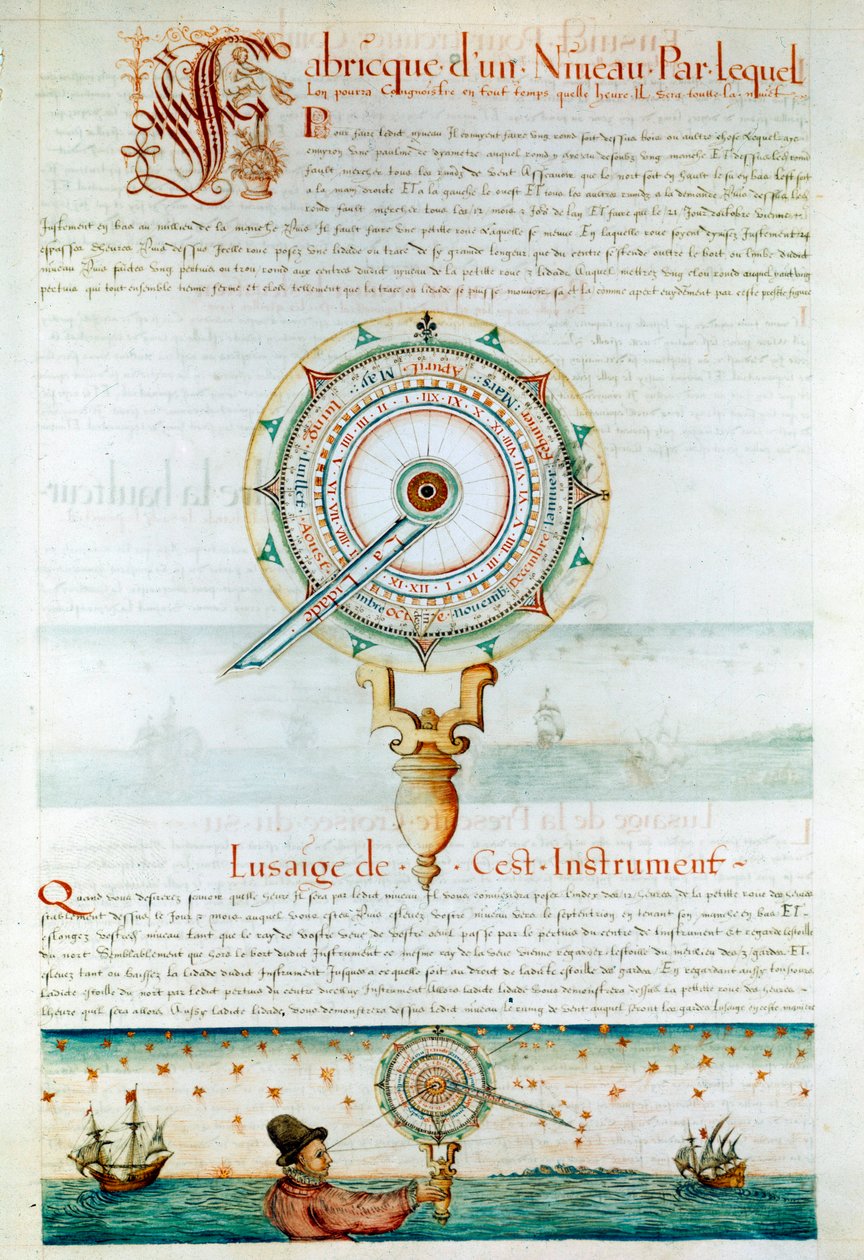 Navigációs műszerek: asztrolábiumot használó navigátor. Az oldal Jacques de Vaulx „Les Premieres Works de Jacques Devaulx Pilot en la Marine” című könyvéből (16. század) készült alkotó: Jacques Devaulx