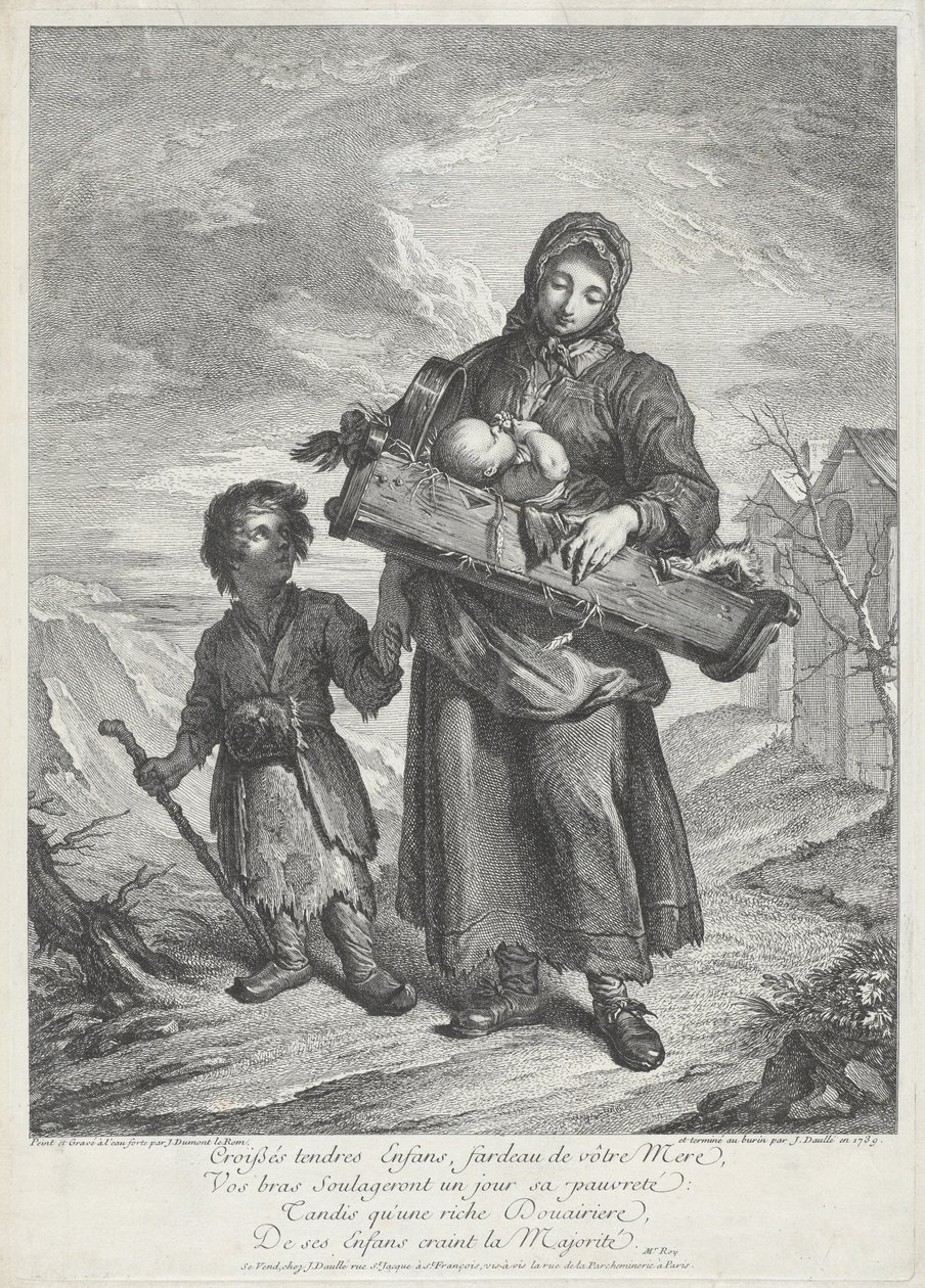 Egy fiatal anya kiságyat cipel alkotó: Jacques Dumont Le Romain, finished by Jean Daullé