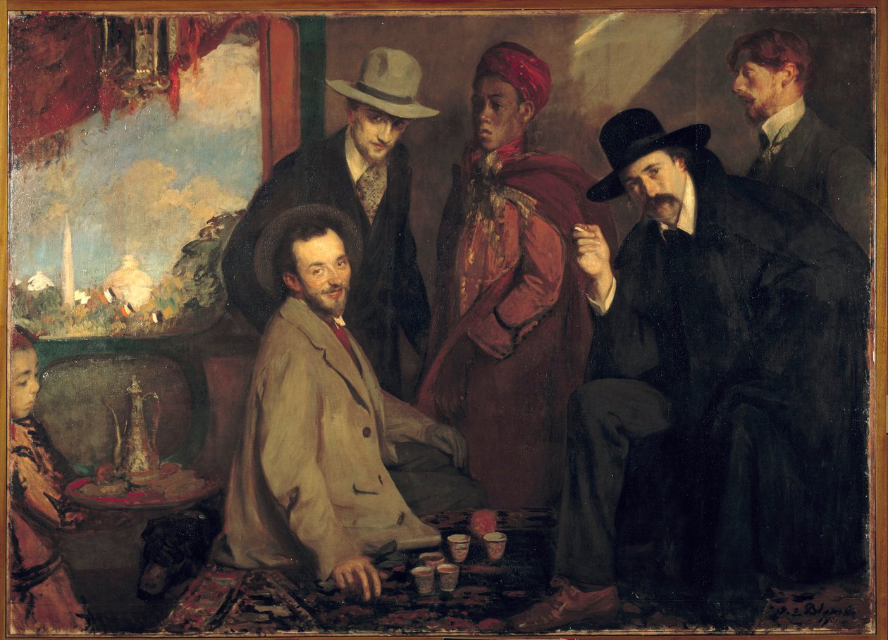 Andre Gide és barátai az 1900-as világkiállítás Maure kávézójában (Eugene Rouart; Charles Chanvin; Athman Ben Salah; Henri Gheon) Jacques Emile (Jacques-Emile) Blanche festménye (1861-1942) 1900 V. 1,56x2,2 m Rouen, Musee des Beaux Arts alkotó: Jacques Emile Blanche