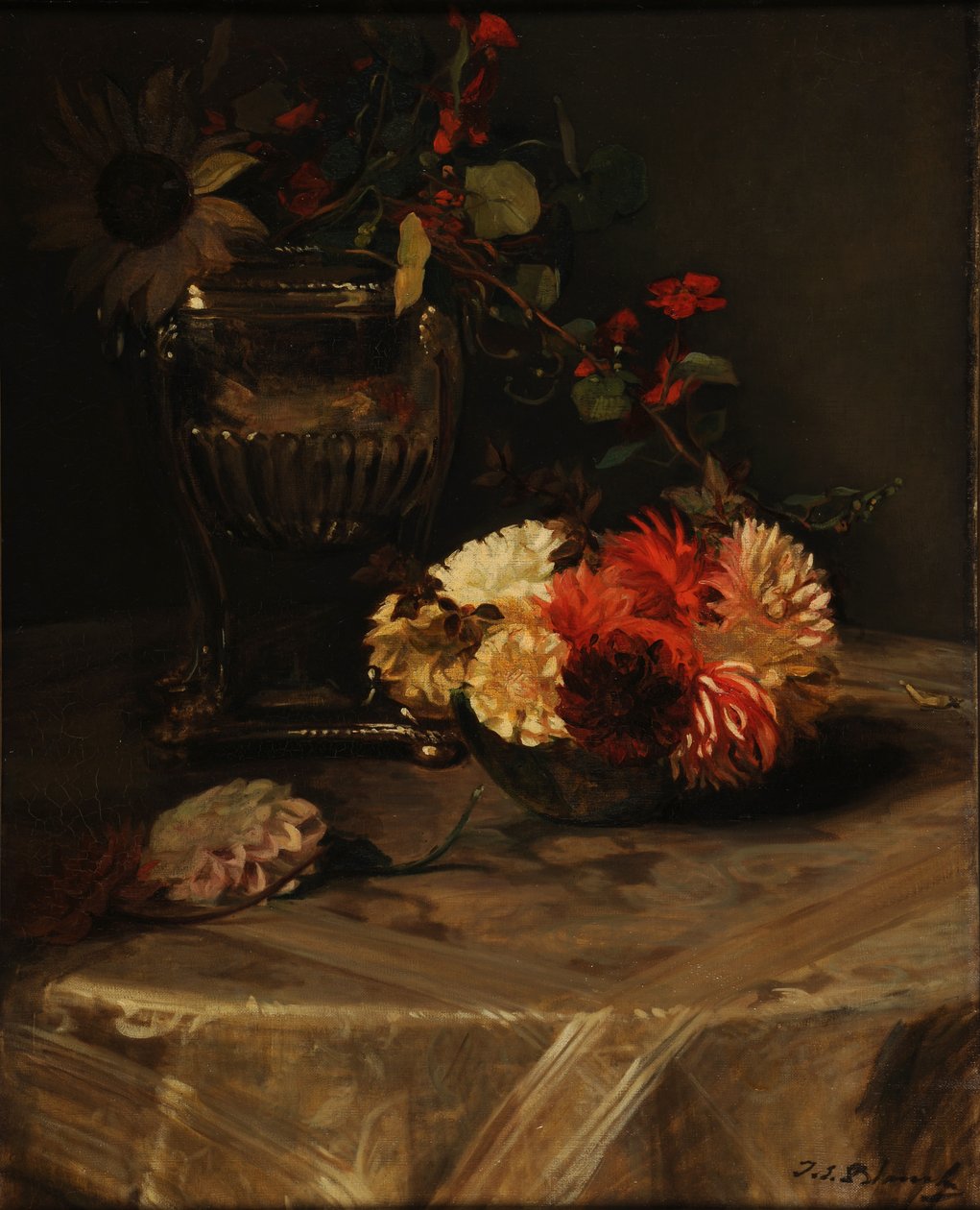 Dáliák és nasturtiumok ezüst urnával alkotó: Jacques Emile Blanche