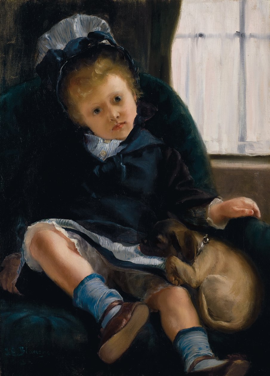 Lány kiskutyával, 1882-1883 körül alkotó: Jacques Emile Blanche