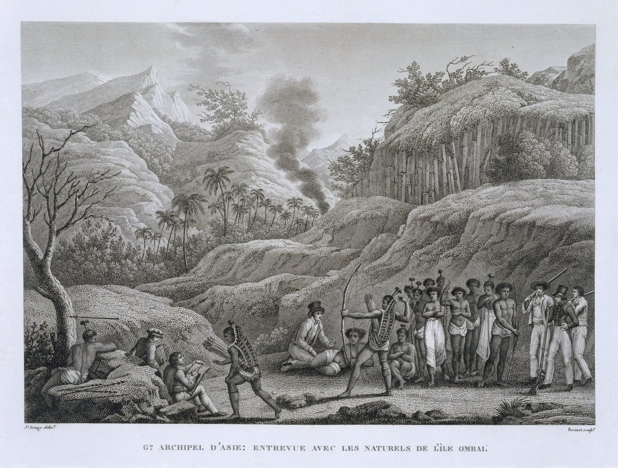 Nagy ázsiai szigetcsoport: Francia felfedezők bennszülöttekkel Ombai szigetén, a Voyage Autour du Monde-ból (1817-20), Louis Claude De Saulces de Freycinet (1779-1842) vésette Bovinet, megjelent alkotó: Jacques Etienne Victor Arago