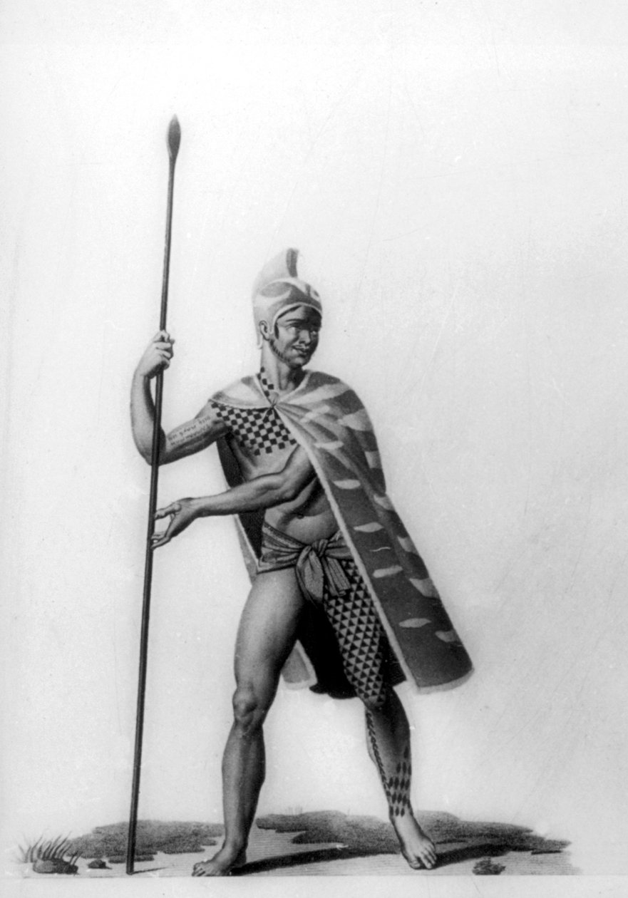 Fiatal tiszt, tipikus malo jelmezt viselő, Hawaii, 1819 alkotó: Jacques Etienne Victor Arago