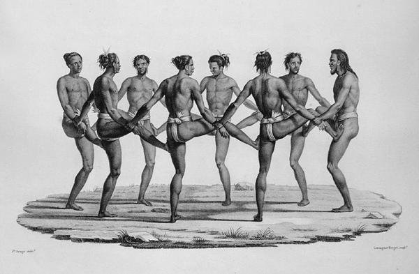 Native Dance in the Caroline Islands, Voyage Autour du Monde sur les Corvettes de LUranie 1817-20, Lerouge and Forget metszet, 1825-ben megjelent alkotó: Jacques Etienne Victor after Arago