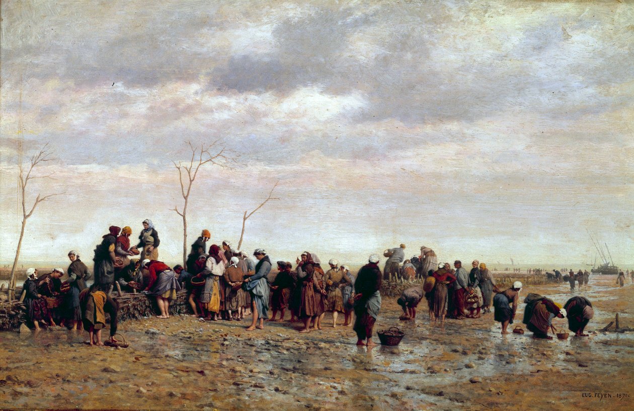 A tengeri csapkodók. Csontenyésztés: a nők alacsony kancánál gyűjtik az osztrigát. Eugene Feyen (1815-1908) festménye alkotó: Jacques Eugene Feyen