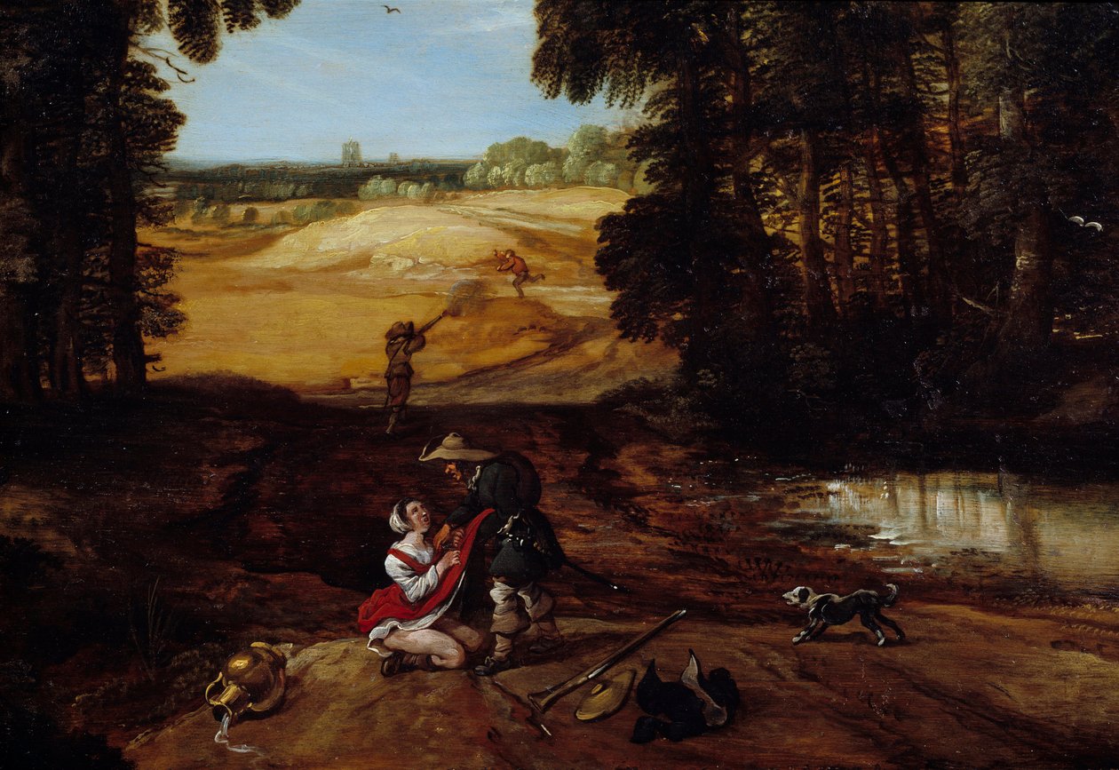 Csapda. Néhány rabló az erdőben egy nő megerőszakolásáról prédikál. Jacques Fouquieres festménye (1580-1659) alkotó: Jacques Fouquieres