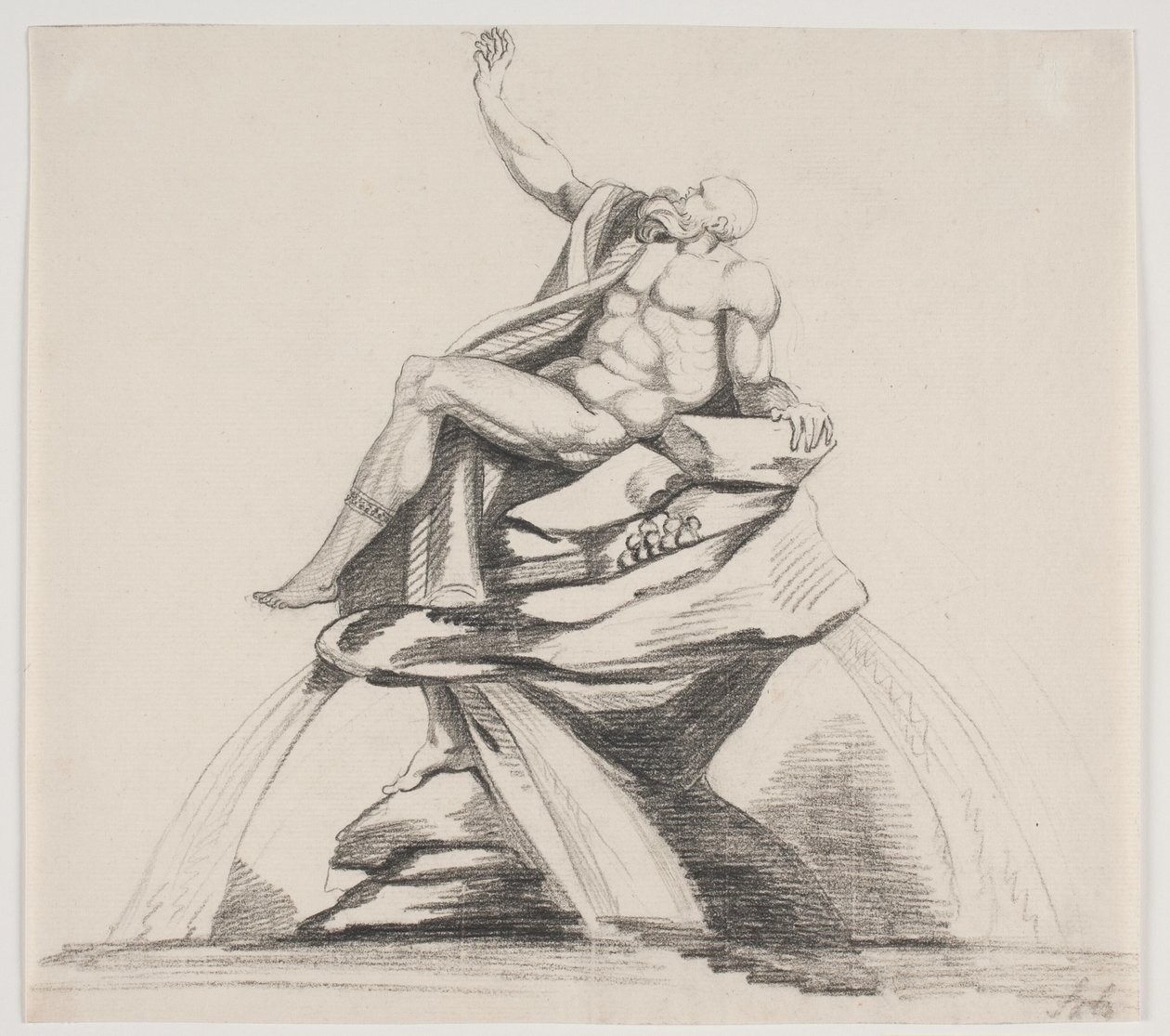 Férfi szakállas figura, profilban látható köntössel stb. egy szökőkúton alkotó: Jacques Francois Joseph Saly