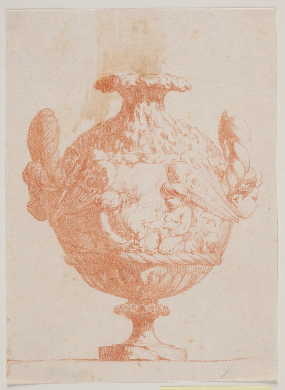 Dekoratív váza két fejjel és két puttival. Másolás pl. 19. a Saly által 1746-ban tervezett váza-lakosztályban. "Vasa a se inventa..." alkotó: Jacques Francois Joseph Saly