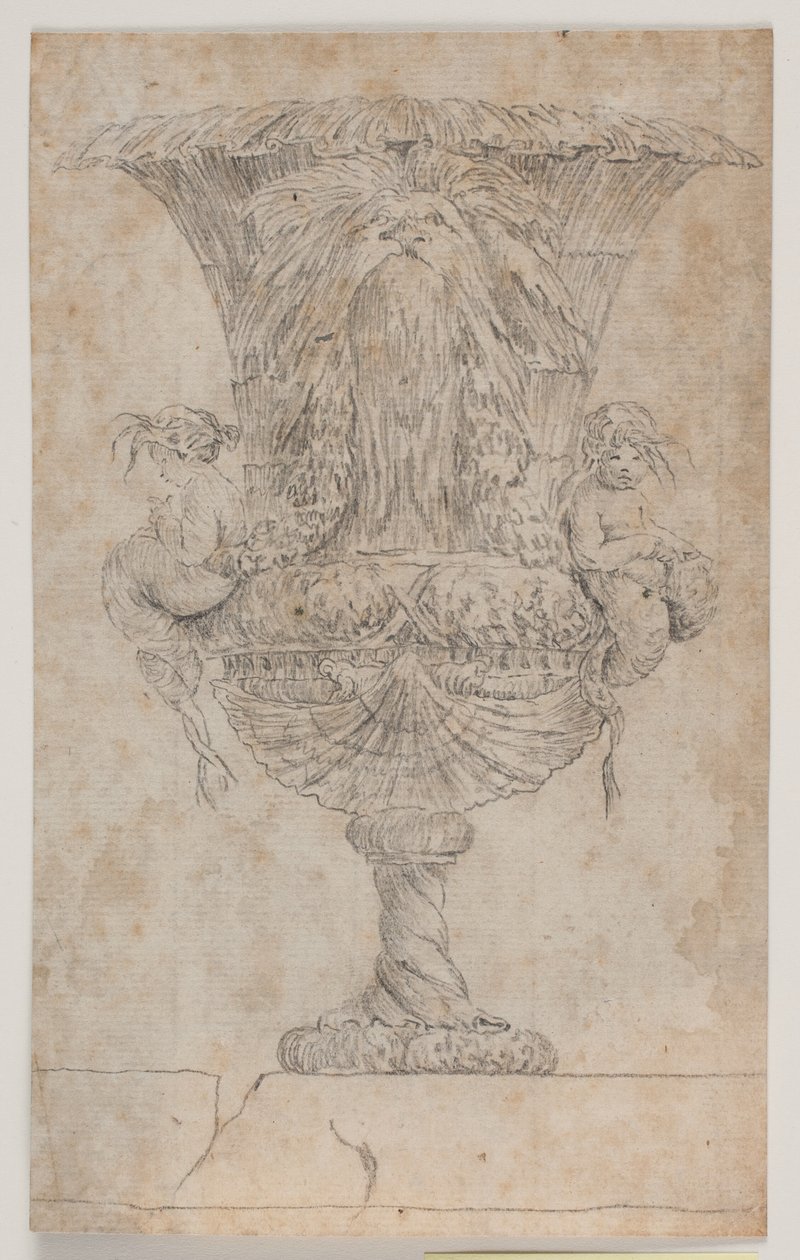 Díszváza két puttival (sellők?). Szerkesztés utáni másolat (9. o.) a Saly által 1746-ban rajzolt vázák szvitjében. "Vasa a se inventa..." alkotó: Jacques Francois Joseph Saly