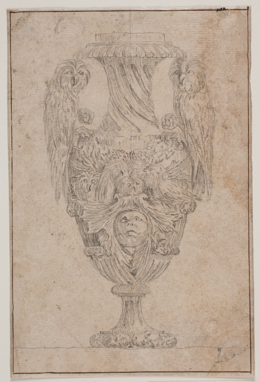 Dekoratív váza két bagollyal és egy fejjel. Másolás Pl. után. 15. a Saly által 1746-ban rajzolt vázasvitában, "Vasa a se inventa..." alkotó: Jacques Francois Joseph Saly