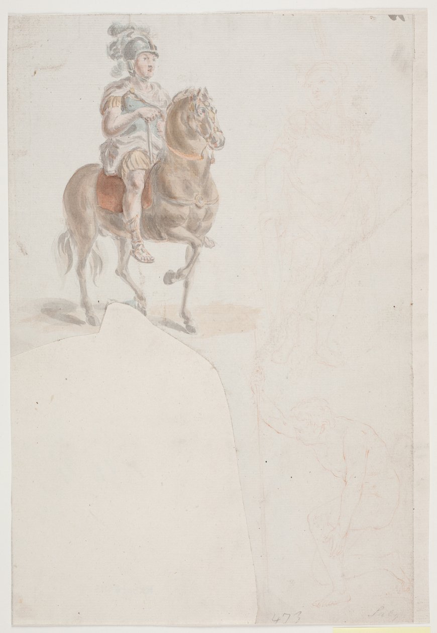Lovas római viseletben, tollas sisakkal. Két halvány vörös krétarajz is álló és féltérdelő férfiakról. alkotó: Jacques Francois Joseph Saly