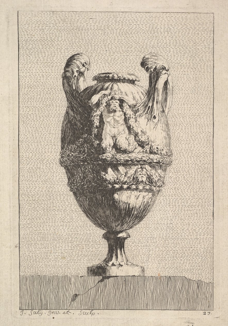 Váza férfi szirénával, mely egy füzért tart fel, innen: Vázák, 1746. alkotó: Jacques Francois Joseph Saly
