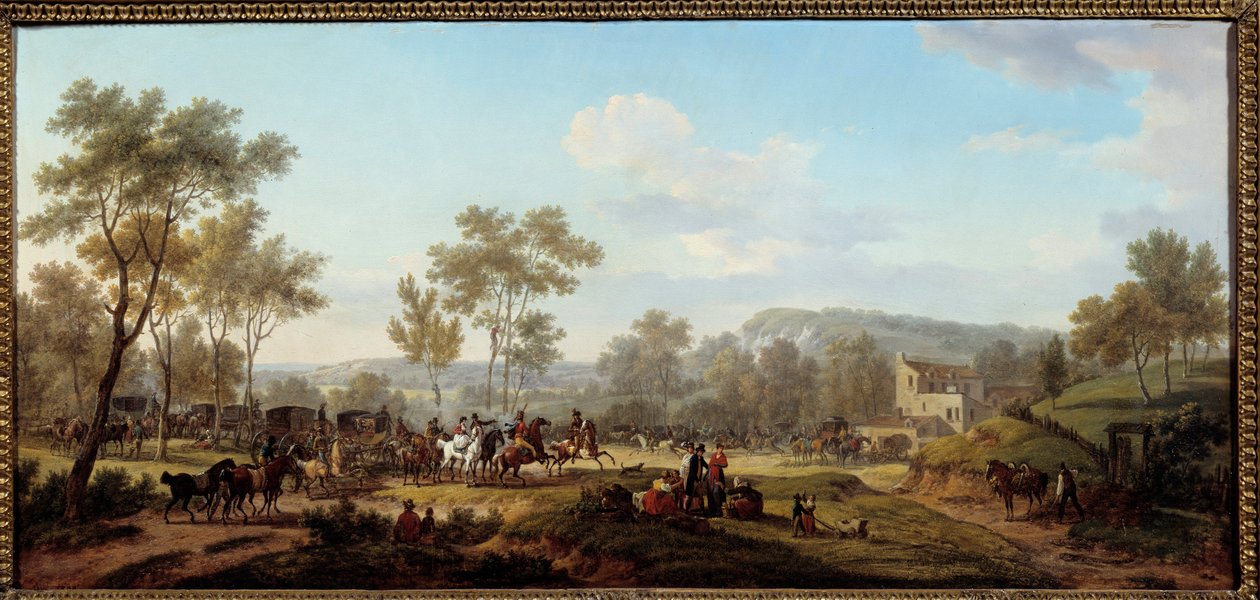 Verseny a Longchamps Attelages és lovasok környékén a párizsi vidéken. Jacques Francois Joseph Swebach festménye Dit Fontaine (vagy Desfontaines alkotó: Jacques Francois Joseph Swebach