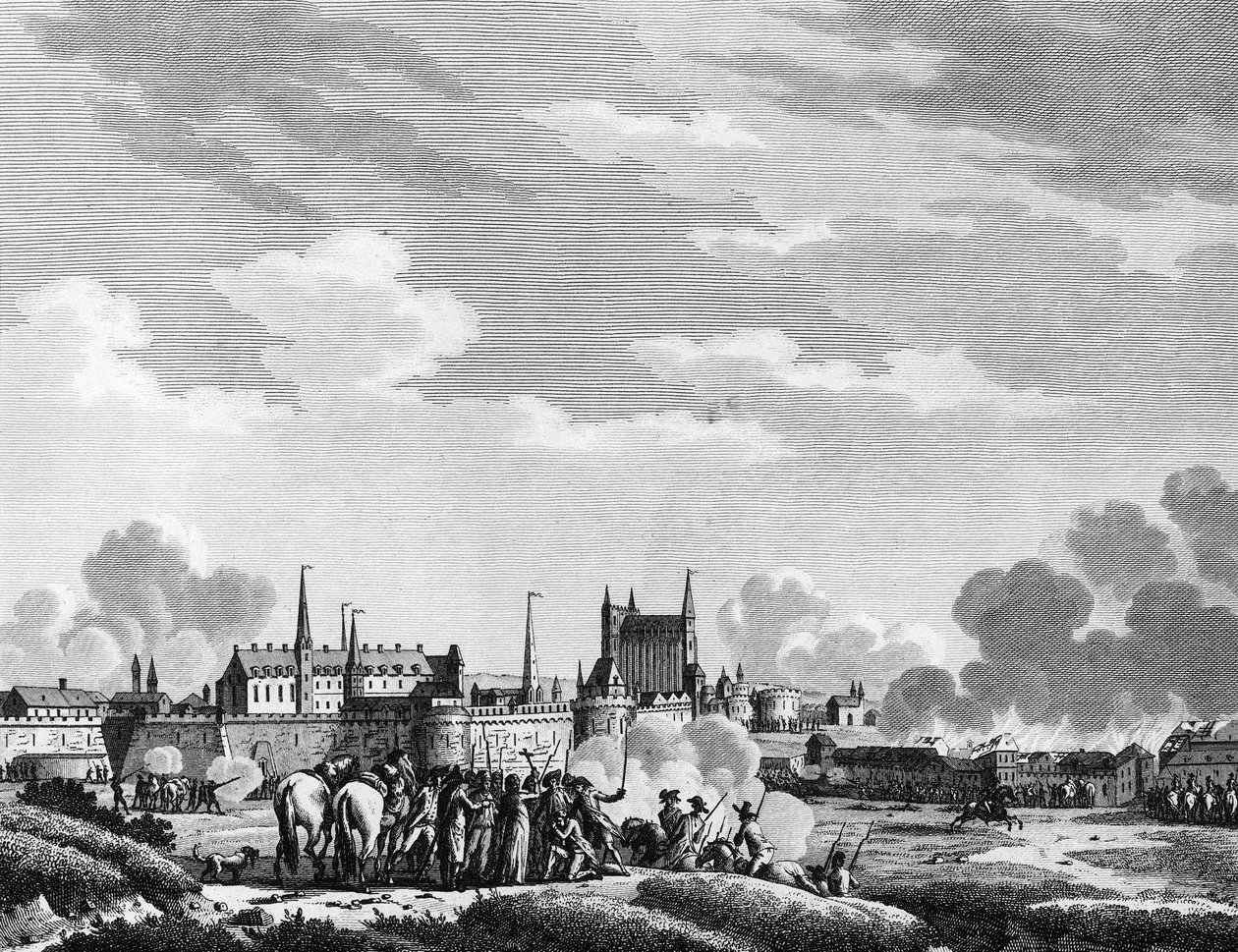 Francia forradalom: A vendék támadása Nantes ellen 1793. június 29-én. Berthaut metszete Swebach Paris nyomán, a Forradalomtörténeti Intézet könyvtára alkotó: Jacques Francois Joseph Swebach