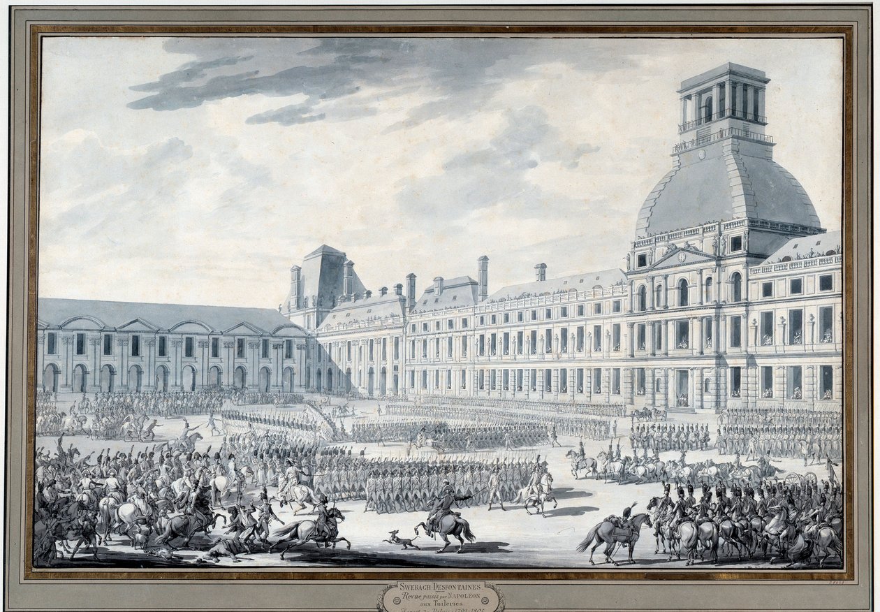 Napóleon Bonaparte (1769-1821) Revue des troupes a Tuileries-ben. Jacques Swebach metszet dit Fontaine (1769-1823) 19. századi Párizs, Musee Carnavalet alkotó: Jacques Francois Joseph Swebach