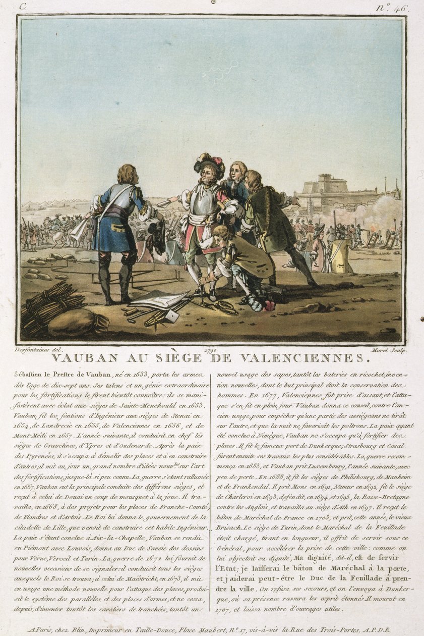 Sebastien le Prestre de Vauban (1633-1707) Valenciennes ostrománál (1677), vésette Jean Baptiste Morret (fl.1790-1820), 1790 (színes litó) alkotó: Jacques Francois Joseph Swebach