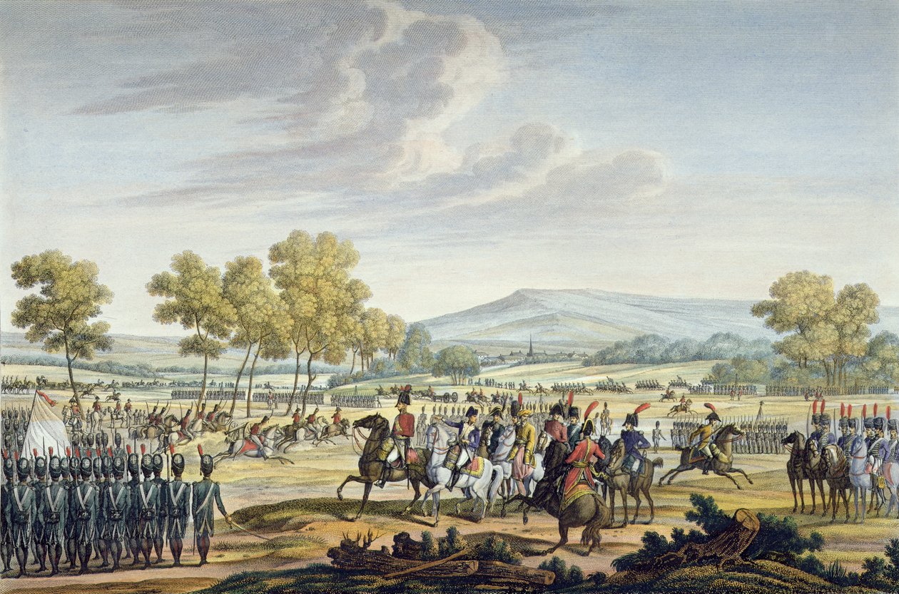 A birodalmi gárda manőverezése a két császár jelenlétében Tilsitben, 1807. június 28., vésette Edme Bovinet (1767-1832) (akvatinta) alkotó: Jacques Francois Joseph Swebach
