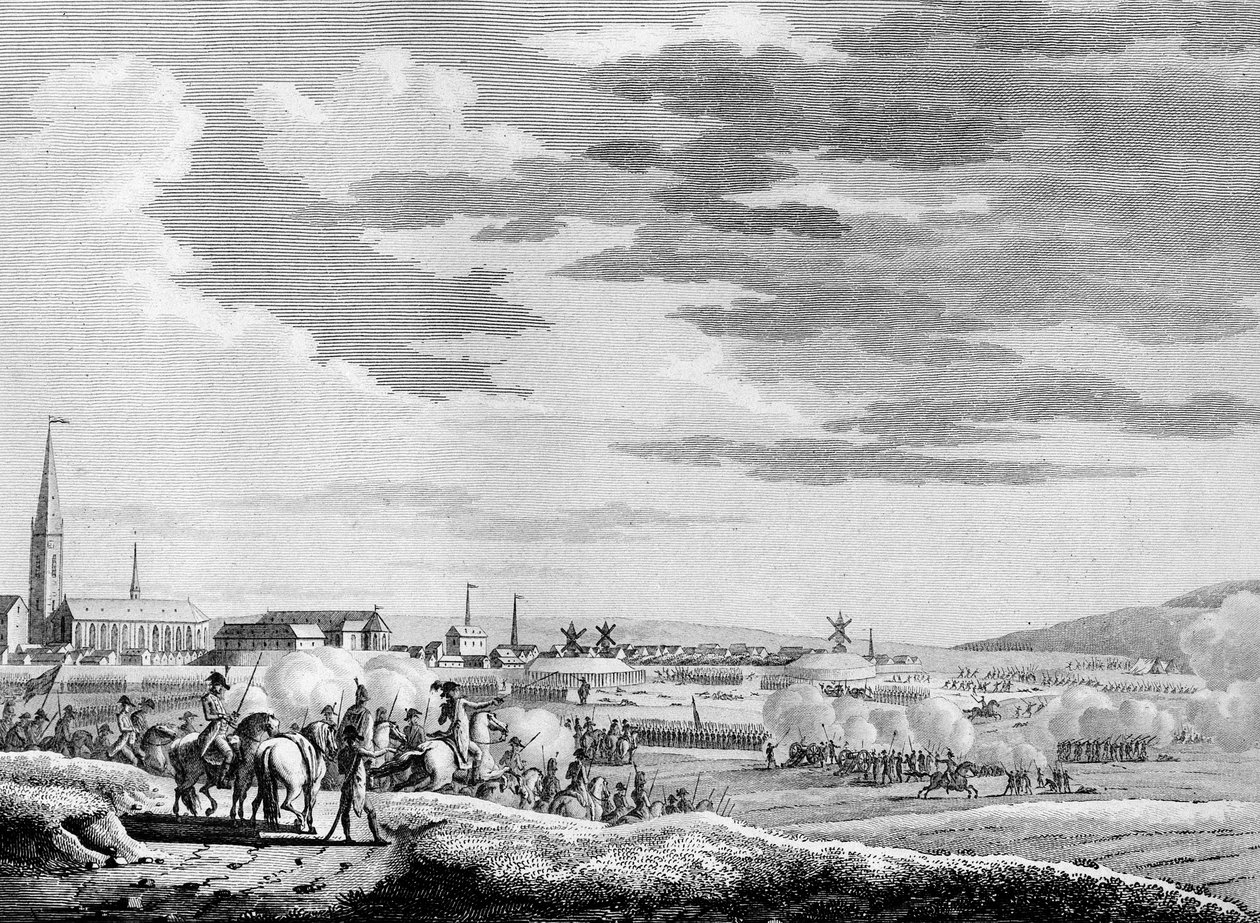 A francia forradalom háborúja és forradalomellenes mozgalmak: Francia győzelme a Dunkerque melletti Hondschoote-i csatában a brit és osztrák forradalomellenes csapatok ellen 1793-ban. Berthaut metszete Swebach nyomán. Párizs, az Intézet könyvtára alkotó: Jacques Francois Joseph Swebach