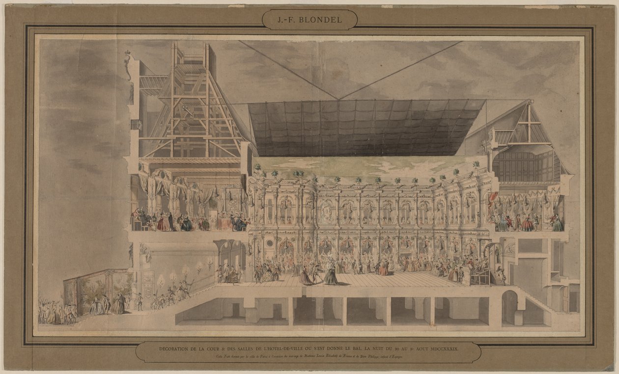 A Hôtel de Ville keresztmetszete perspektivikusan, amely az 1739. augusztus 30-án és 31-én virradó bál alkalmából készült udvar és szobák díszítését és megvilágítását mutatja. alkotó: Jacques François Blondel