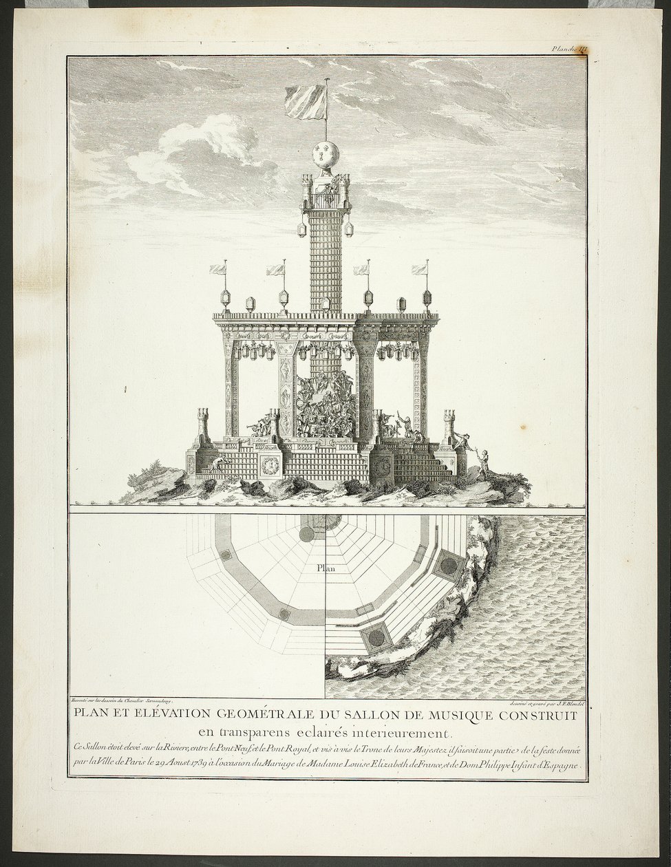 Egy zeneszoba alaprajza és emeletrajza, harmadik lemez a Description des Festes Données par la Ville de Paris című műből alkotó: Jacques François Blondel