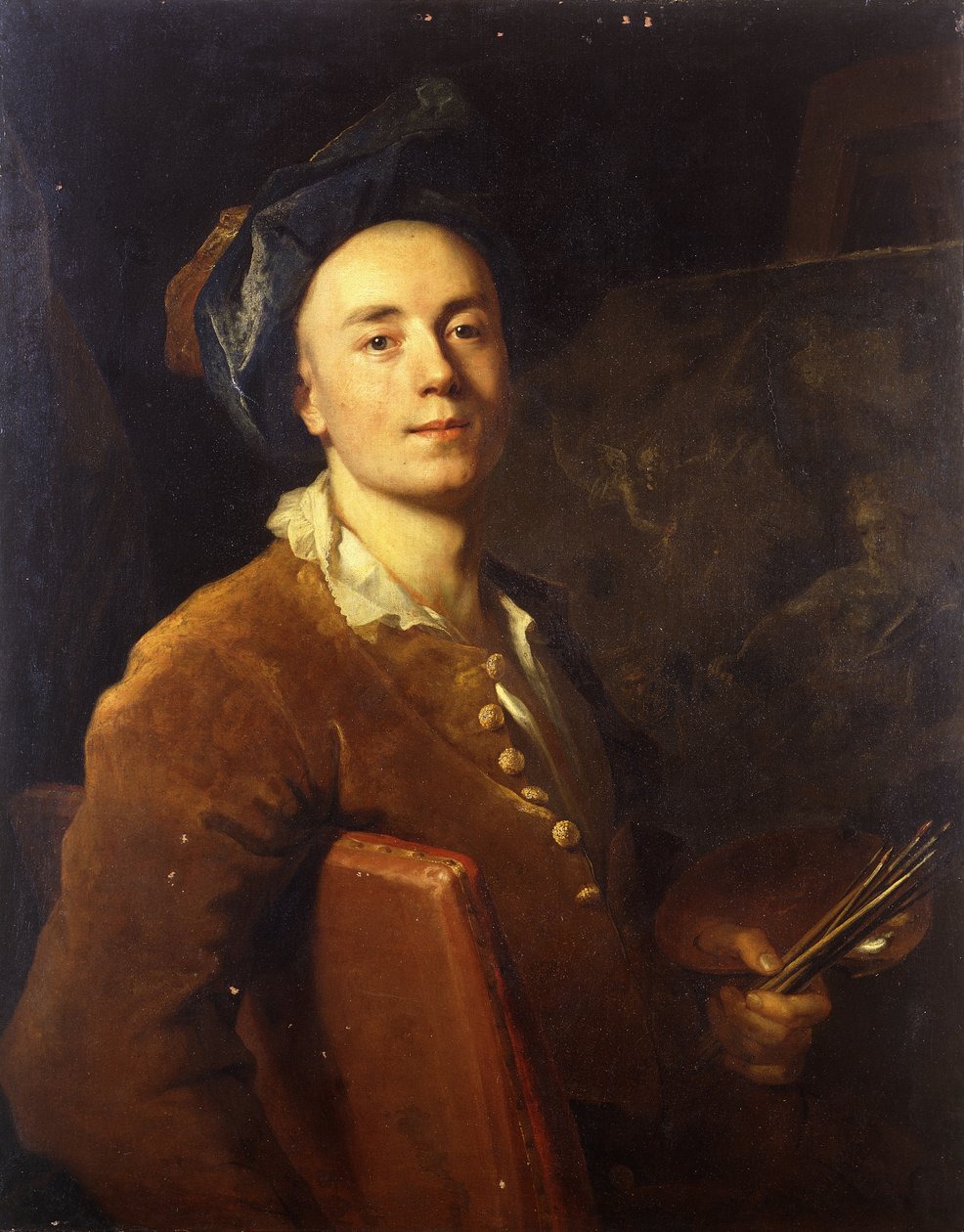 A művész portréja, félhosszában ülve, kezében egy paletta és ecset, 1710-1515 körül alkotó: Jacques François Delyen